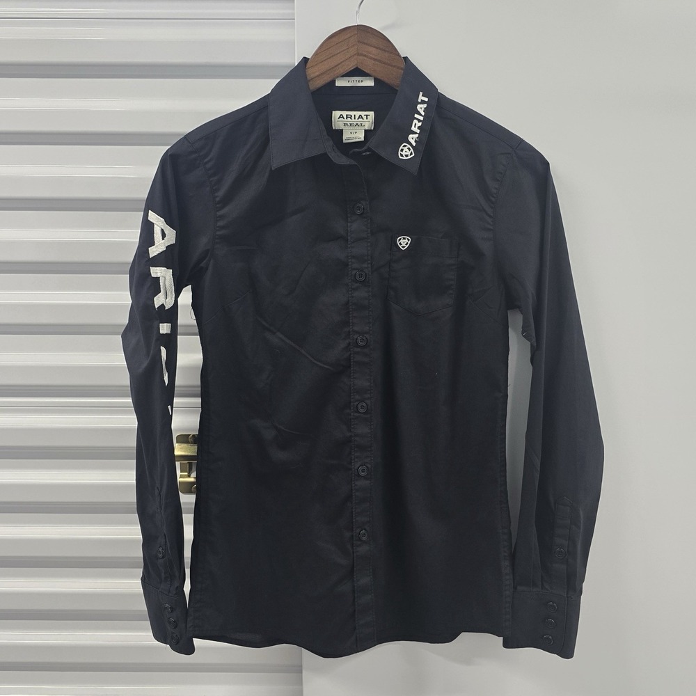 Ariat REAL Fitted Button Shirt Women's Small Black Logo Western Rodeo